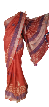Linen Hand Block Printed Saree SILK ZONE